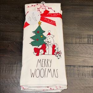 NWT Rae Dunn Merry Woofmas White Kitchen Towels Set of 3 16x26 Holiday/Christmas